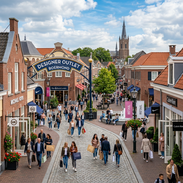Designer Outlet Roermond shopping street with shoppers, stores, and church tower